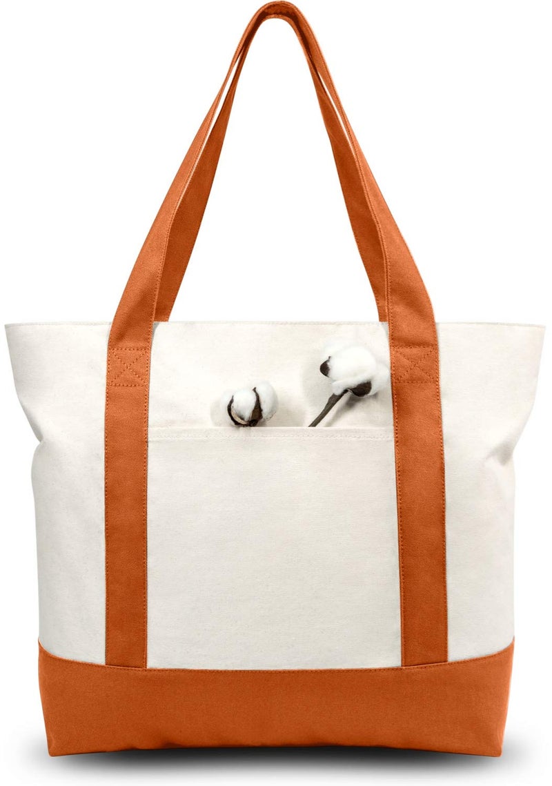TOPDesign 1-Pack Canvas Tote Bag with an External Pocket, Reusable Grocery Shopping Bag, Top Zipper Closure, Daily Essentials (Orange/Natural) - Image 1
